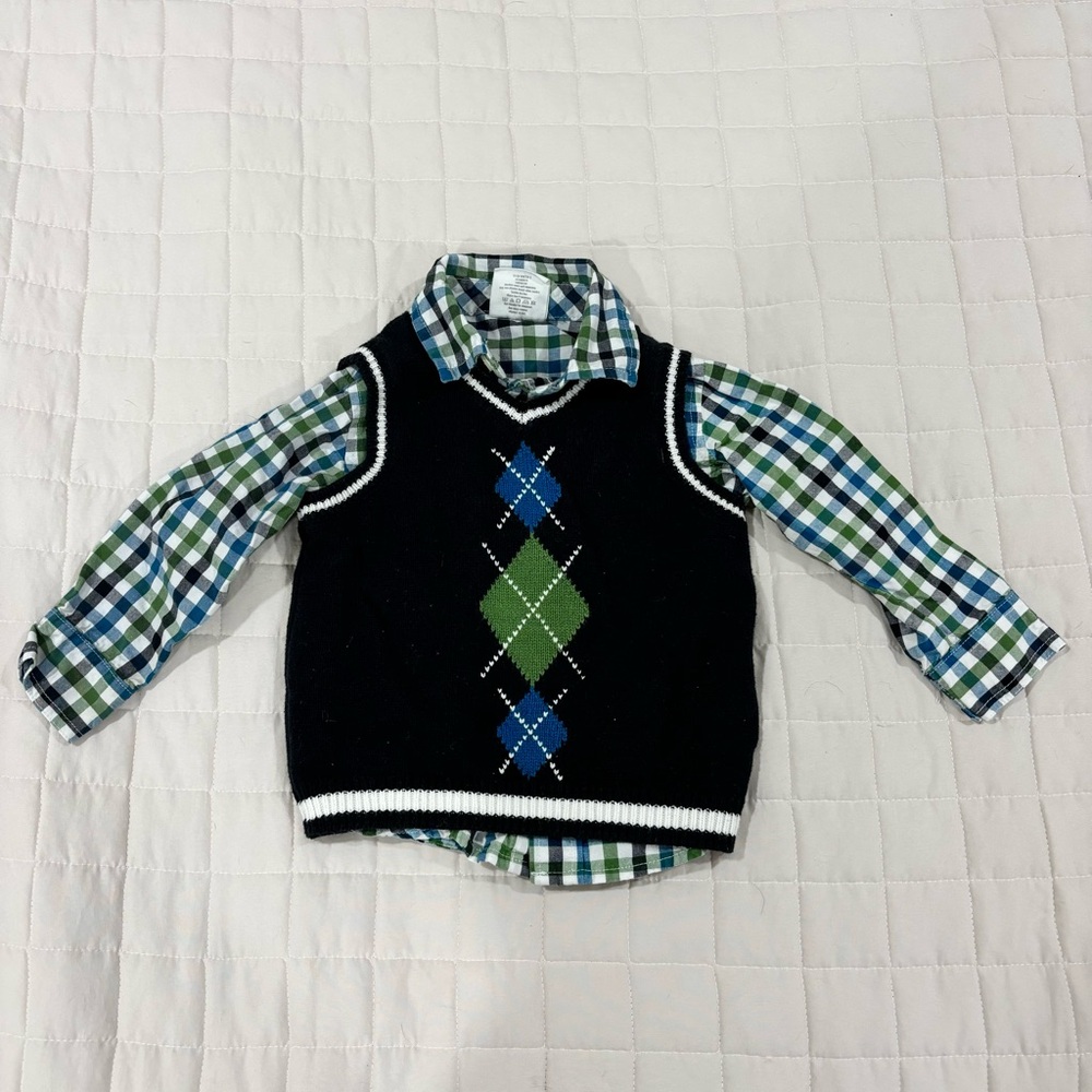Crazy 8 Button Down Shirt with Matching Sweater Vest Black Blue and Green 18-24M